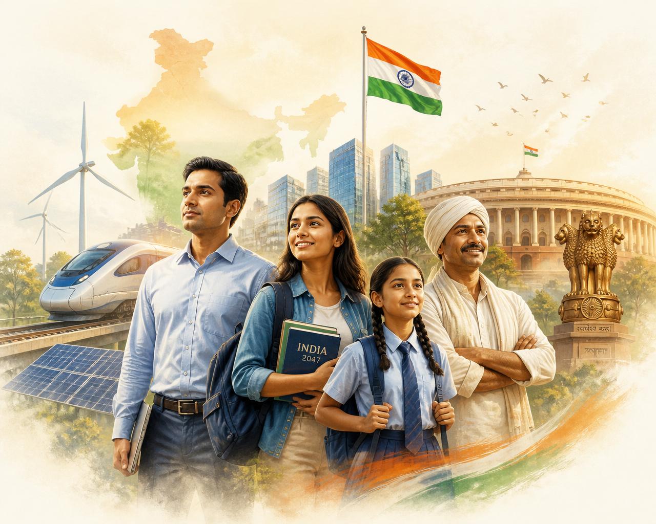 Citizens, farmers, students and modern Indian infrastructure representing a developed India